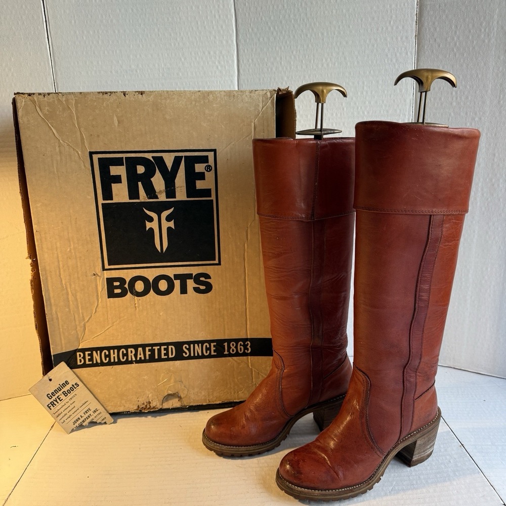 VTG Frye Campus Boots Sz 6 70s Knee‎ High Cuff Black Label Cognac Orig Box USA